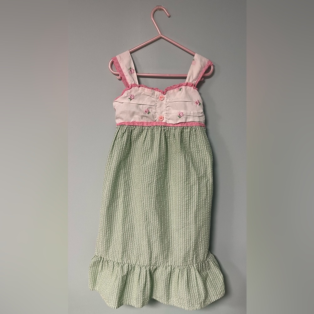 Youngland Summer Green & White with Pink Flowers Dress, Girl Size 6X